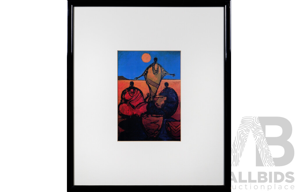 Tony Hudson, (African 1937-1989), African Scene with Three Figures, Print