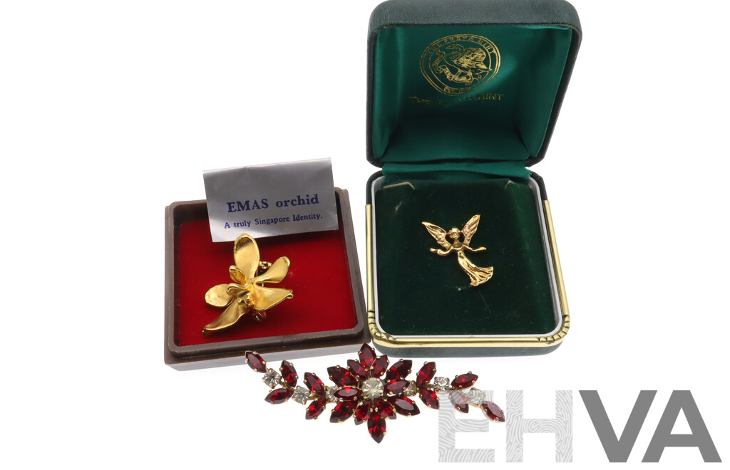 Collection of Vintage Gold Plated Brooch Pins Including EMAS Orchid From Singapore & Angel Tie Pin From the Perth Mint