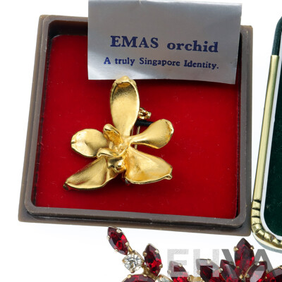 Collection of Vintage Gold Plated Brooch Pins Including EMAS Orchid From Singapore & Angel Tie Pin From the Perth Mint
