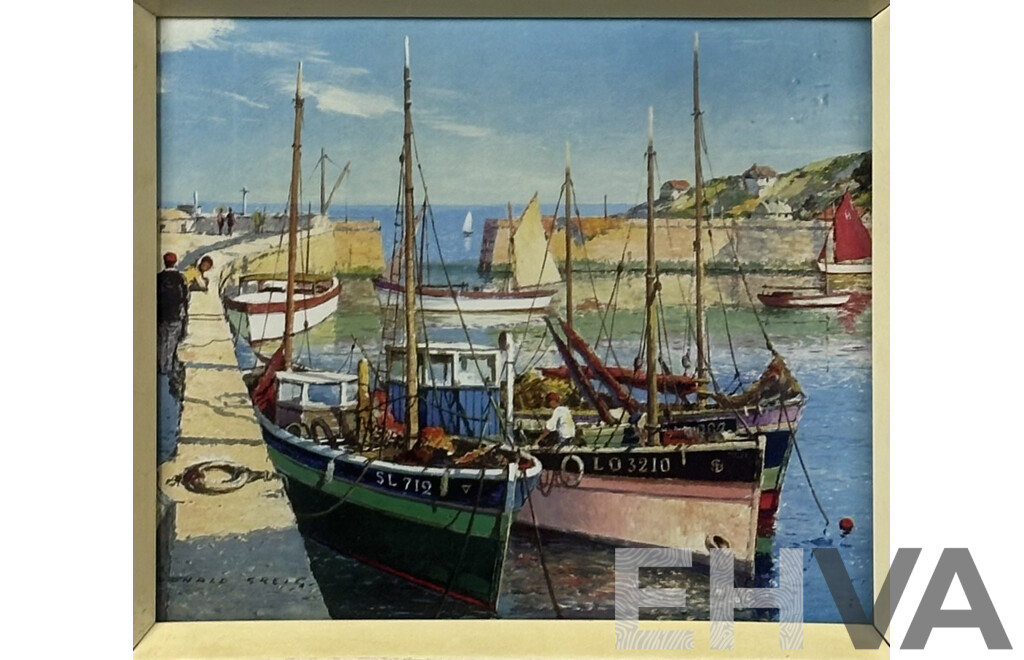 Donald Greig, (20th Century, British, 1916-2009), Gay Harbour, Cornwall, Offset Litho Reproduction Print, 33 x 38 cm (frame)