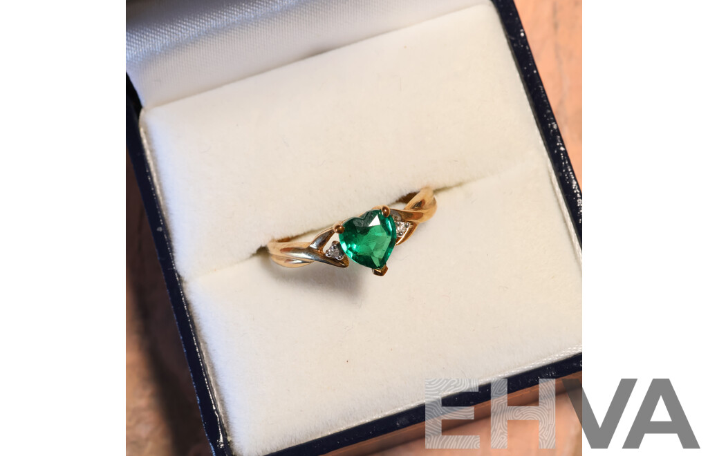 9ct Prouds Created Heart Shaped Emerald & Diamond Set Ring, TDW 0.01ct, Size M, 1.49 Grams