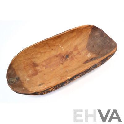 Vintage Australian Indigenous Aboriginal Hand Carved Wooden Coolamon with Pokerwork Decoration