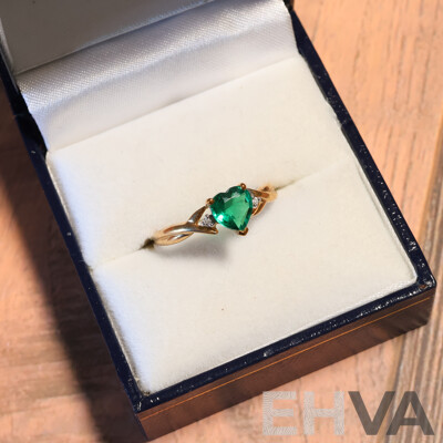 9ct Prouds Created Heart Shaped Emerald & Diamond Set Ring, TDW 0.01ct, Size M, 1.49 Grams