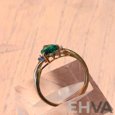 9ct Prouds Created Heart Shaped Emerald & Diamond Set Ring, TDW 0.01ct, Size M, 1.49 Grams