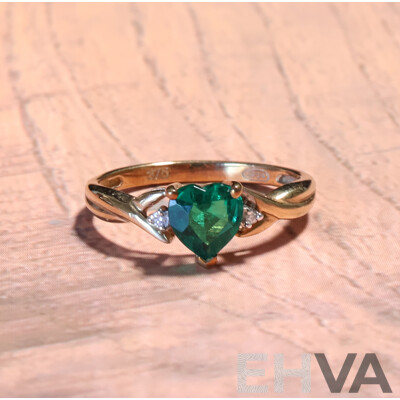 9ct Prouds Created Heart Shaped Emerald & Diamond Set Ring, TDW 0.01ct, Size M, 1.49 Grams