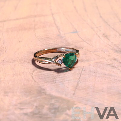 9ct Prouds Created Heart Shaped Emerald & Diamond Set Ring, TDW 0.01ct, Size M, 1.49 Grams