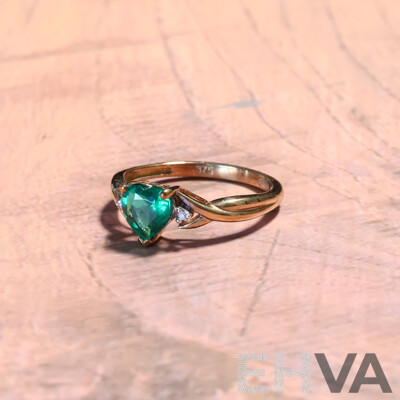 9ct Prouds Created Heart Shaped Emerald & Diamond Set Ring, TDW 0.01ct, Size M, 1.49 Grams