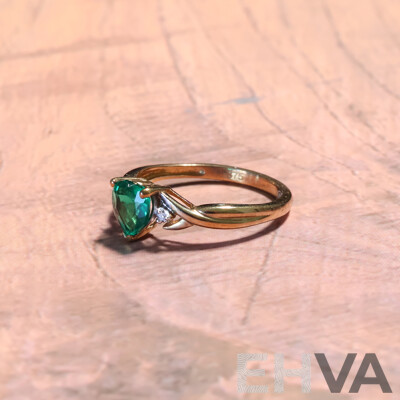 9ct Prouds Created Heart Shaped Emerald & Diamond Set Ring, TDW 0.01ct, Size M, 1.49 Grams