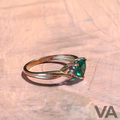 9ct Prouds Created Heart Shaped Emerald & Diamond Set Ring, TDW 0.01ct, Size M, 1.49 Grams