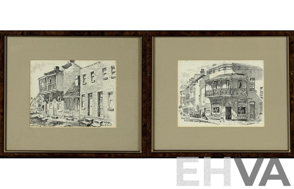 Cedric Emanuel, (20th Century, New Zealand Born Australian,1906-1995), Paddington Grocer's Shop and Paddington, Sydney, Wonderful Vintage Prints of Original Sketches, 31 x 35 cm (frames) (2)