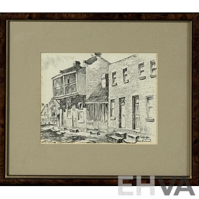 Cedric Emanuel, (20th Century, New Zealand Born Australian,1906-1995), Paddington Grocer's Shop and Paddington, Sydney, Wonderful Vintage Prints of Original Sketches, 31 x 35 cm (frames) (2)