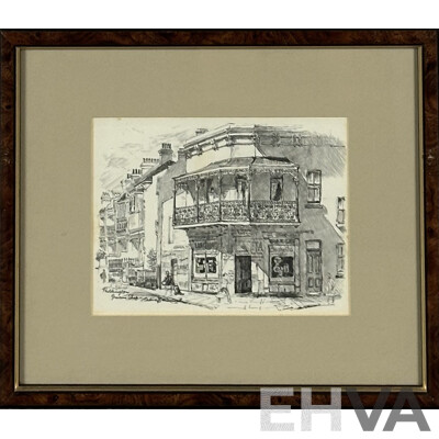 Cedric Emanuel, (20th Century, New Zealand Born Australian,1906-1995), Paddington Grocer's Shop and Paddington, Sydney, Wonderful Vintage Prints of Original Sketches, 31 x 35 cm (frames) (2)