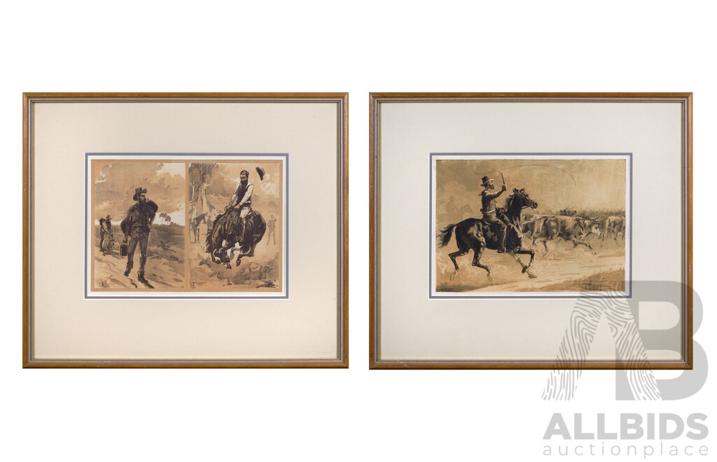Frank Prout Mahony, (Australian Born British, 1862-1916), a Buck Jumper, Swagmen & Stockrider on the Road, Pair of Beautifully Framed Antique Lithographs, 34 x 41 cm (frames) (2)