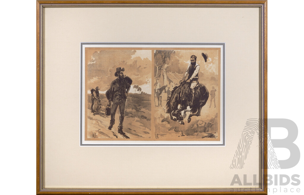 Frank Prout Mahony, (Australian Born British, 1862-1916), a Buck Jumper, Swagmen & Stockrider on the Road, Pair of Beautifully Framed Antique Lithographs, 34 x 41 cm (frames) (2)