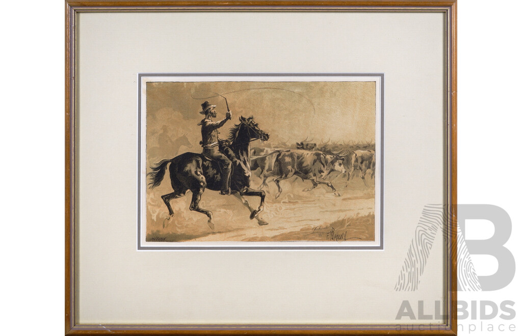 Frank Prout Mahony, (Australian Born British, 1862-1916), a Buck Jumper, Swagmen & Stockrider on the Road, Pair of Beautifully Framed Antique Lithographs, 34 x 41 cm (frames) (2)
