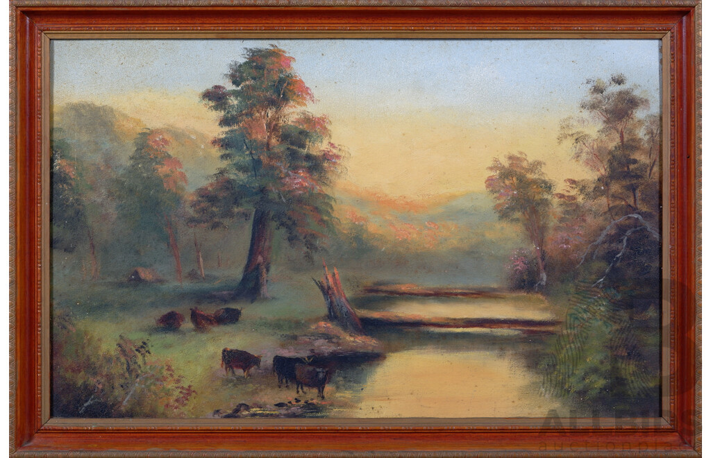 Artist Unknown, (Early 20th Century), Cows by the Water, Vintage Oil on Board, 45^ X 68 cm (frame)
