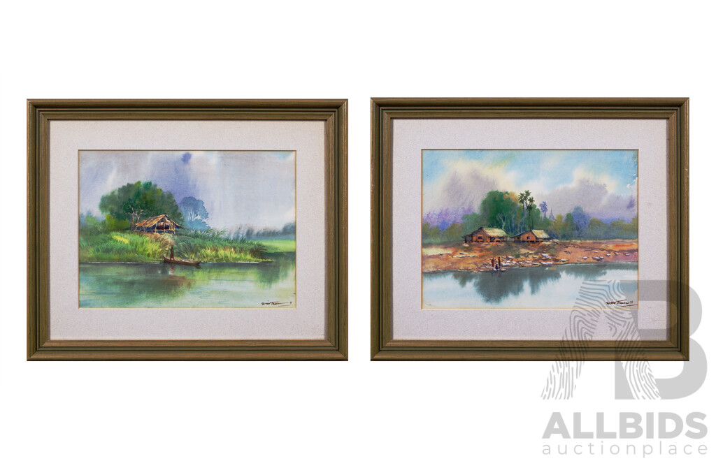 Win Thein, (Burmese School, 20th Century, Mynmar), Villagers on the Water (1991), Pair of Framed Watercolours, 29 x 36 cm (frames) (2)
