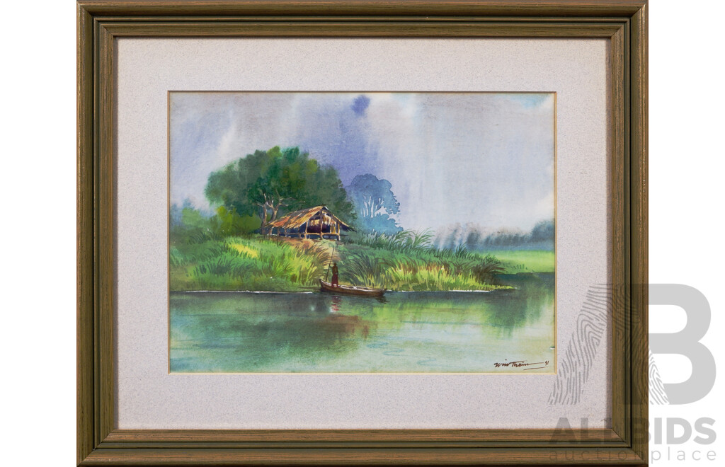 Win Thein, (Burmese School, 20th Century, Mynmar), Villagers on the Water (1991), Pair of Framed Watercolours, 29 x 36 cm (frames) (2)