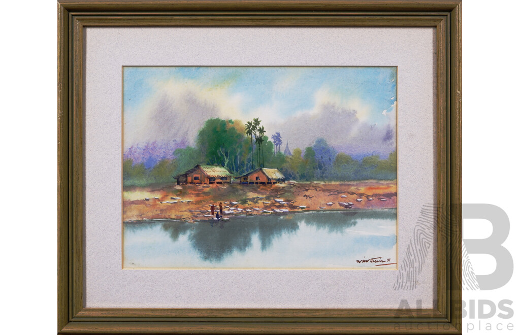 Win Thein, (Burmese School, 20th Century, Mynmar), Villagers on the Water (1991), Pair of Framed Watercolours, 29 x 36 cm (frames) (2)
