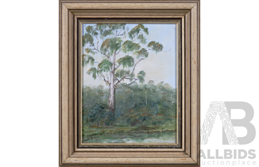 Ruth Hughes, (20th Century, Australian), Gum Tree at Mullenderry Creek (1984), Signed Oil on Canvas, 33.5 x 28.5 cm (frame)