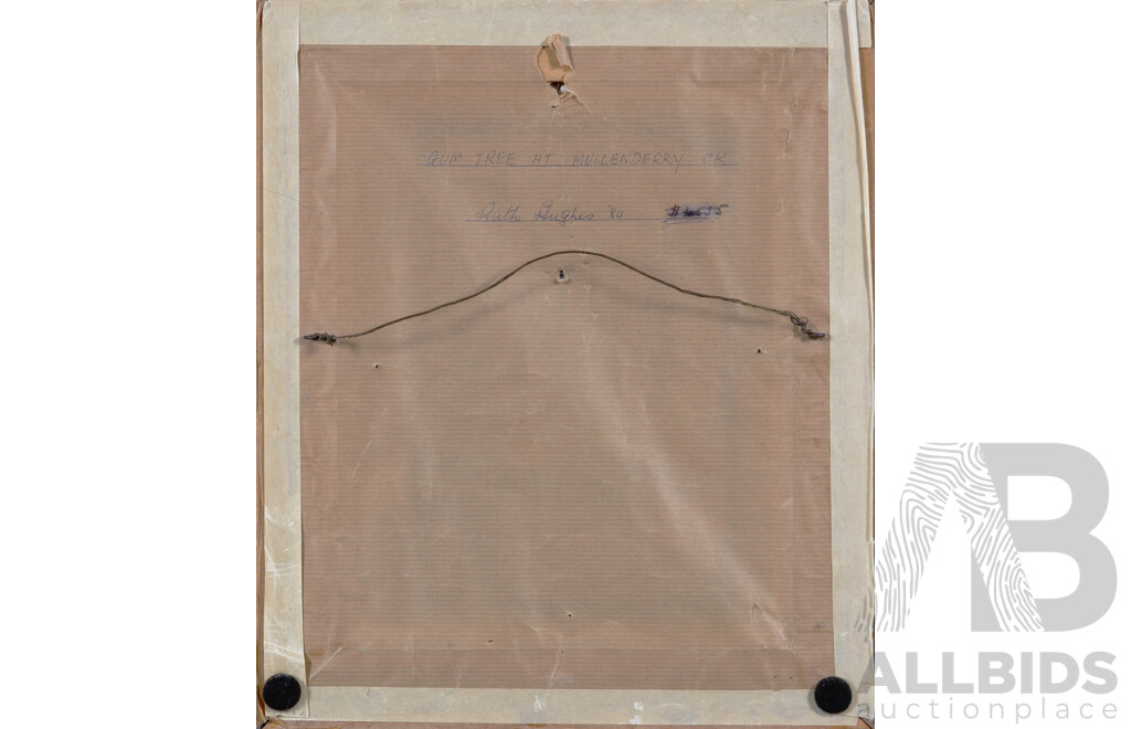 Ruth Hughes, (20th Century, Australian), Gum Tree at Mullenderry Creek (1984), Signed Oil on Canvas, 33.5 x 28.5 cm (frame)