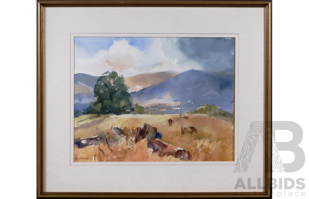 Judy Stephens, (20th Century, Australian), Cows Graze Watched Over by the Blue Mountains, Watercolour, 54 x 64 cm (frame)