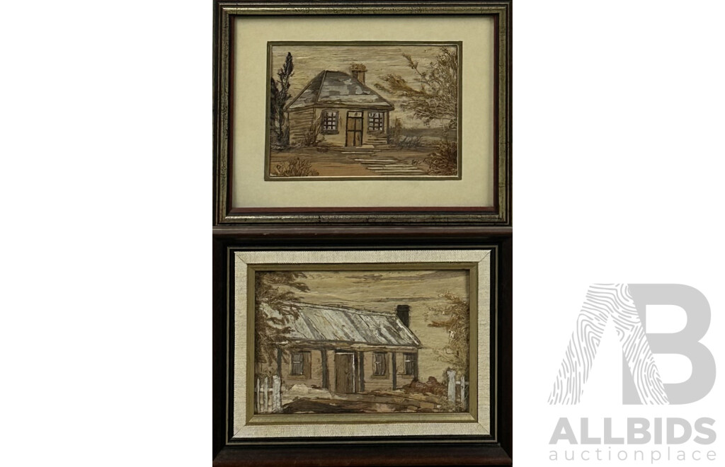 Joan Coates (20th Century, Australian), Humble Cottage & Early Tasmanian Cottage, Pair of Unique Tasmanian Bark & Seaweed Bark Art, 18.5 x 23.5 cm (larger frame) (2)