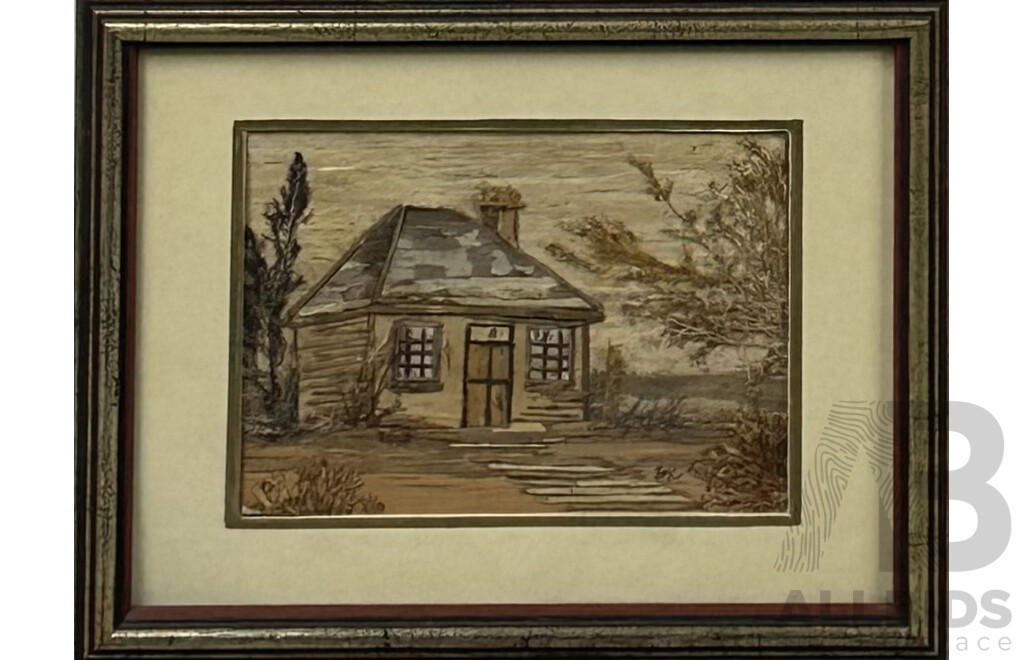 Joan Coates (20th Century, Australian), Humble Cottage & Early Tasmanian Cottage, Pair of Unique Tasmanian Bark & Seaweed Bark Art, 18.5 x 23.5 cm (larger frame) (2)