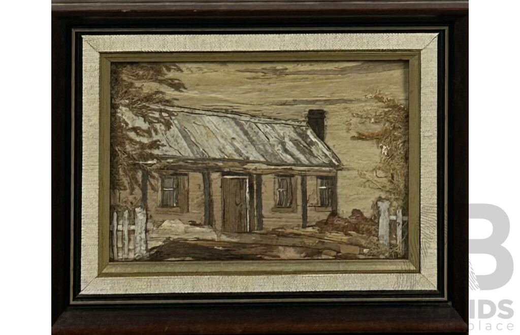 Joan Coates (20th Century, Australian), Humble Cottage & Early Tasmanian Cottage, Pair of Unique Tasmanian Bark & Seaweed Bark Art, 18.5 x 23.5 cm (larger frame) (2)