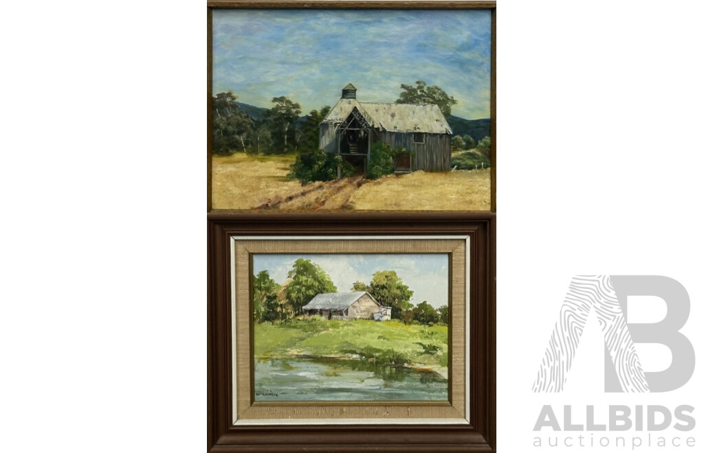 D. McGarrigle (20th Century), Lavender Bay, Vintage Acrylic on Board, 31 x 36 cm (frame) & Artist Unknown, Country Barn, Vintage Oil on Board, 32 x 43 cm (2)
