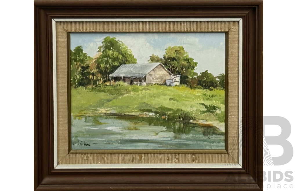 D. McGarrigle (20th Century), Lavender Bay, Vintage Acrylic on Board, 31 x 36 cm (frame) & Artist Unknown, Country Barn, Vintage Oil on Board, 32 x 43 cm (2)