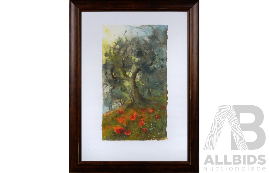 Artist Unknown, (Contemporary), Poppies Beneath a Tree, Watercolour on Card, 53 X 30 Cm