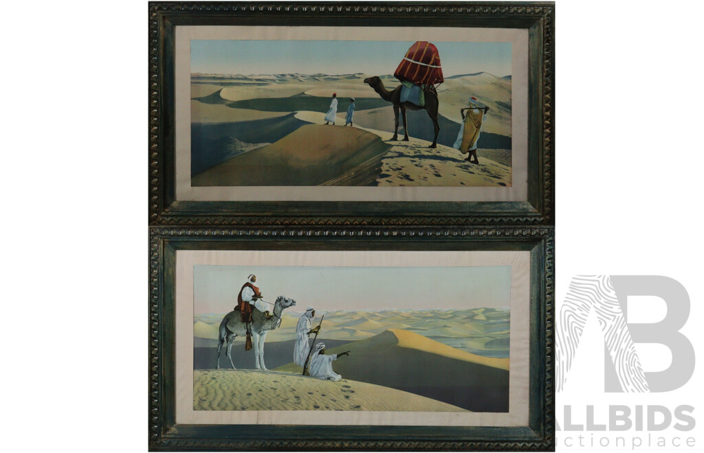 Rudolph Lehnert & Ernst Landrock (Both Born 1878-, Working C1900s - 1930s), Encampment in the Desert, a Caravan of Nomads - Au Desert -'In the Desert', Pair of Antique Egyptian or Tunisian Hand Tinted Photolithographs, 41 X 77 Cm (frames) (2)