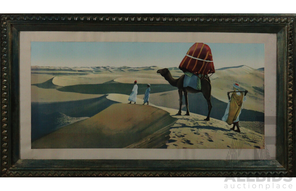 Rudolph Lehnert & Ernst Landrock (Both Born 1878-, Working C1900s - 1930s), Encampment in the Desert, a Caravan of Nomads - Au Desert -'In the Desert', Pair of Antique Egyptian or Tunisian Hand Tinted Photolithographs, 41 X 77 Cm (frames) (2)