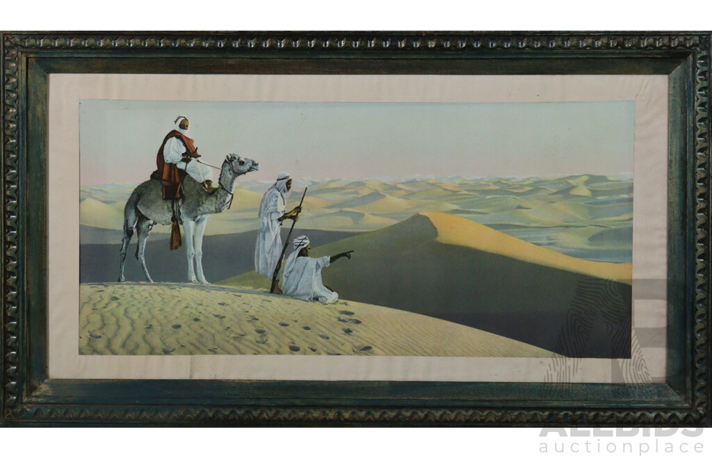 Rudolph Lehnert & Ernst Landrock (Both Born 1878-, Working C1900s - 1930s), Encampment in the Desert, a Caravan of Nomads - Au Desert -'In the Desert', Pair of Antique Egyptian or Tunisian Hand Tinted Photolithographs, 41 X 77 Cm (frames) (2)