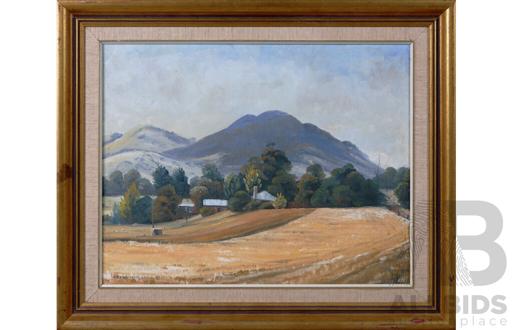 Frank Mitchell (Australia, Born 1937-), Country House Beneath Blue Mountains, Oil on Canvas Board