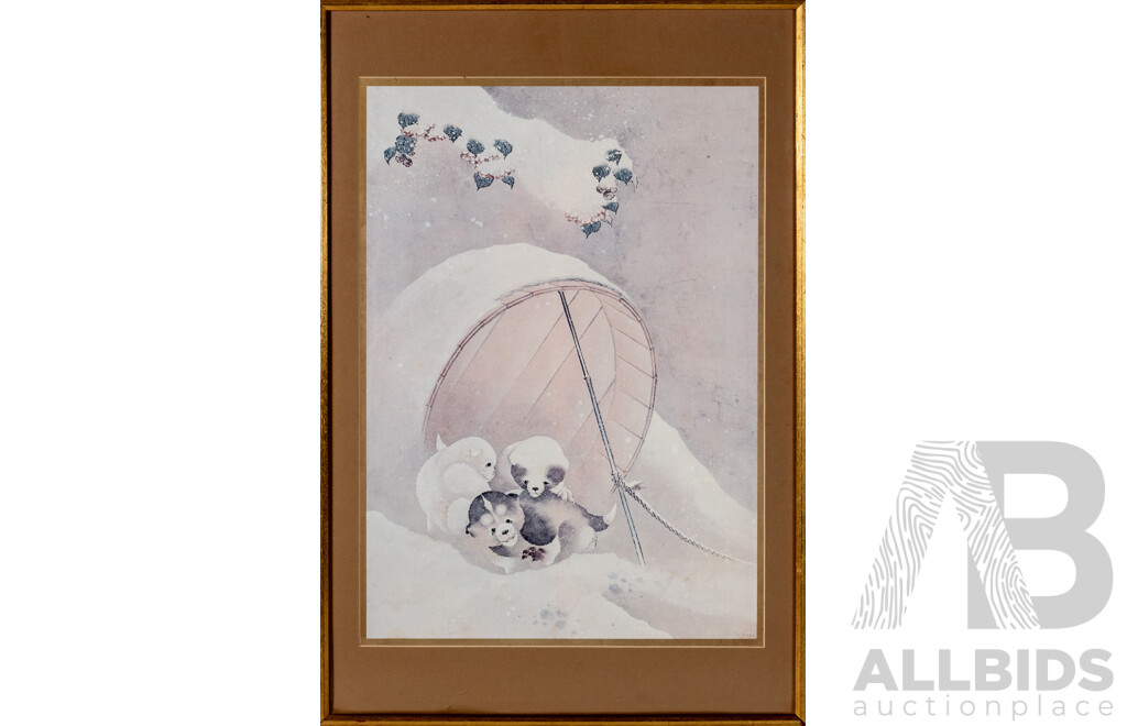 Katsushika Hokusai (Edo Period, Japanese, 1760-1949), Yuki No Ashita [Puppies in the Snow] (Detail), Reproduction Print of Original Woodblock Print, 76.5 x 52 cm (frame)