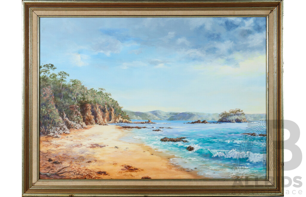 Val Ward, (20th Century, Australian), Vacant Beach, Lovely Original Vintage Oil on Canvas, 60 x 80 cm (frame)