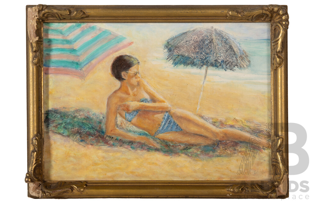 Artist Unknown (20th Century), Reclining on Beach, Original Vintage Mixed Media Oil on Board, 23 x 23 cm (frame)