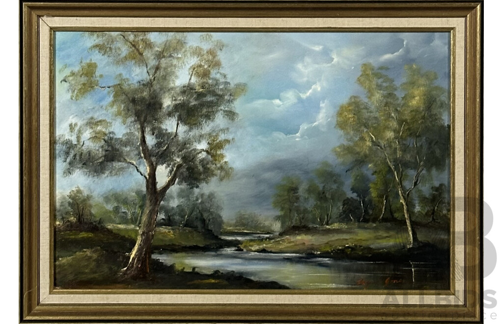 Bryan Jones, (Working 1980s, New Zealand), River Landscape, Oil on Board, 39 X 59 Cm