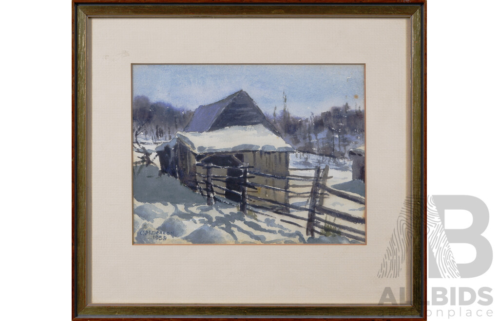 (Likely) Charles Ernest Deacon (20th Century, British, 1894-1964), Snow House, Absolutely Wonderful Vintage Watercolour on Card, Signed and Dated 1958 by Artist, 27 x 31.5 cm (frame)