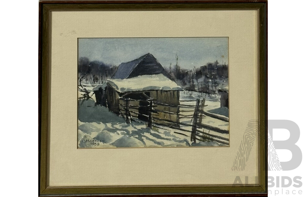 (Likely) Charles Ernest Deacon (20th Century, British, 1894-1964), Snow House, Absolutely Wonderful Vintage Watercolour on Card, Signed and Dated 1958 by Artist, 27 x 31.5 cm (frame)