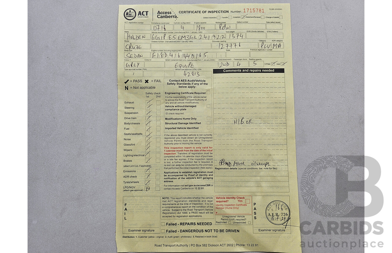 7/2016 Holden Cruze Z-Series JH MY14 4d Sedan Grey 1.8L