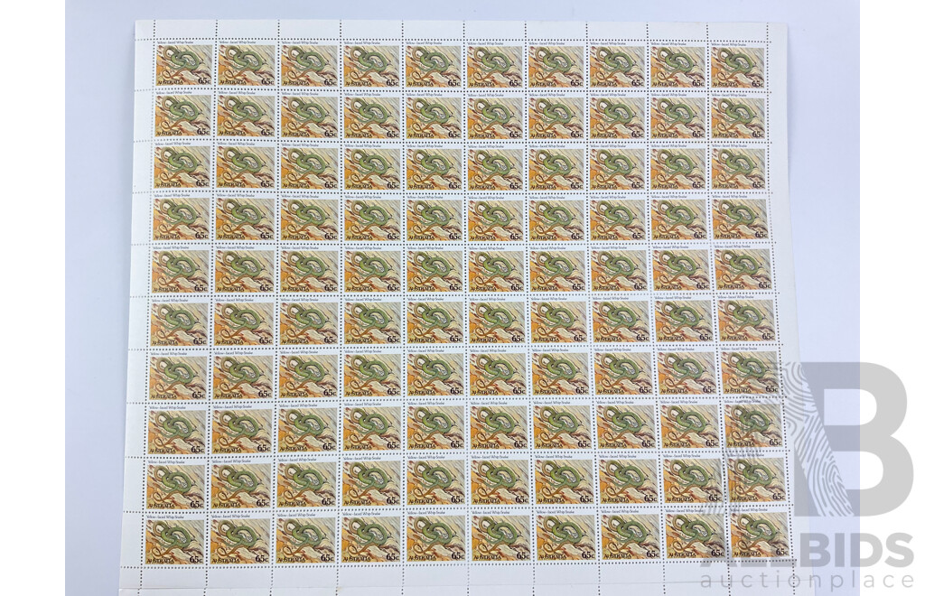 Australian 1982 Stamp Sheets, Animal Series, Eastern Water Dragon, Yellow Faced Whip Snake - Face Value $140