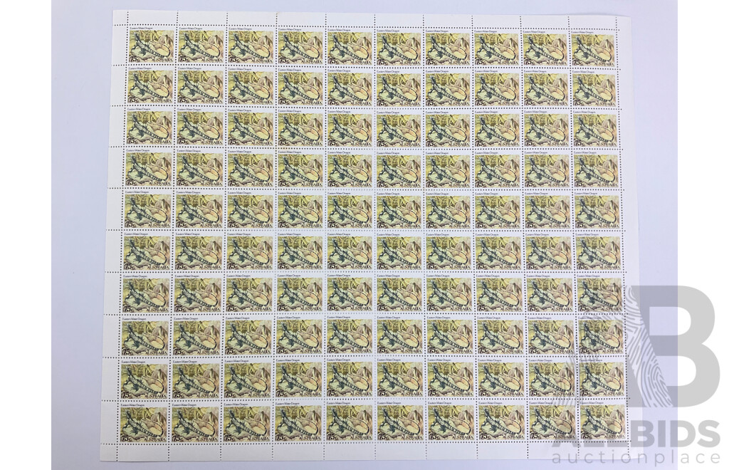 Australian 1982 Stamp Sheets, Animal Series, Eastern Water Dragon, Yellow Faced Whip Snake - Face Value $140