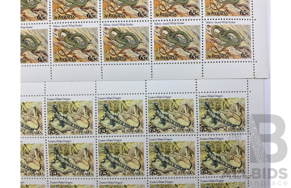 Australian 1982 Stamp Sheets, Animal Series, Eastern Water Dragon, Yellow Faced Whip Snake - Face Value $140