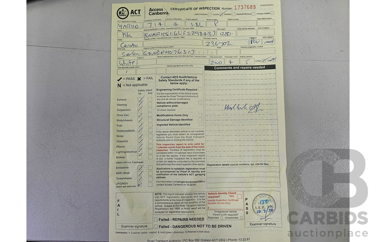 7/2014 Kia Cerato S YD MY14 5d Hatchback White 1.8L