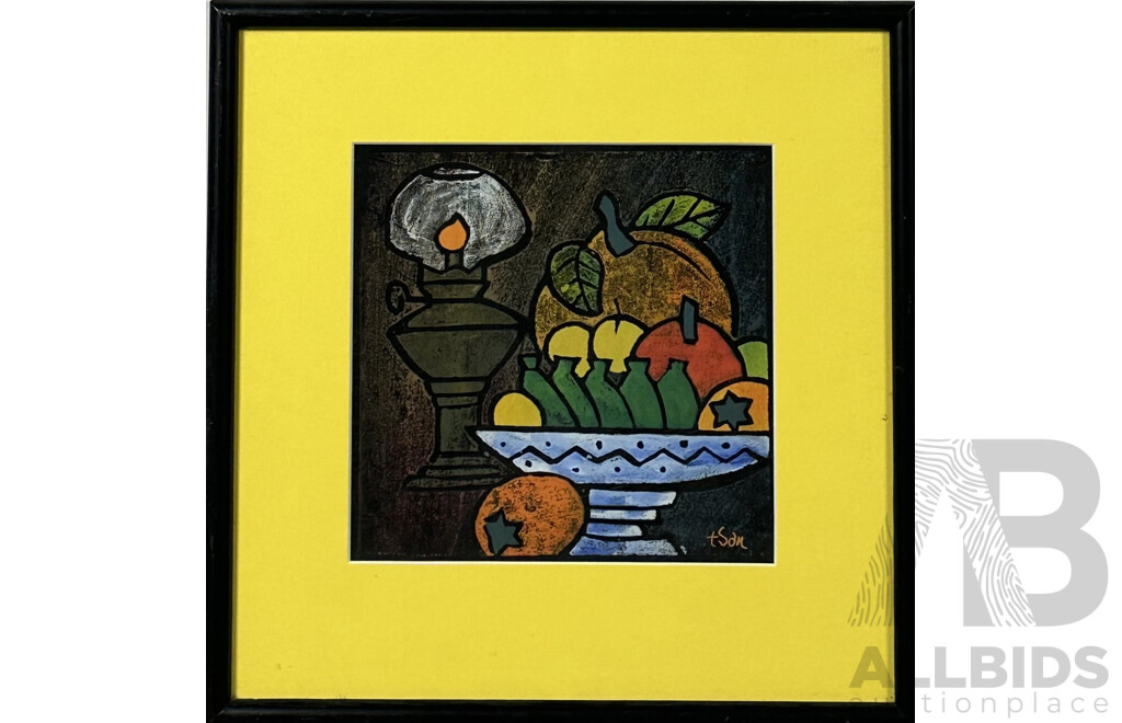 Framed Linocut, Still Life of Fruit