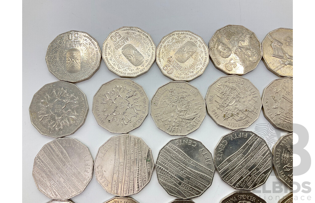 Collection of Australian Commemorative Fifty Cent Coins Including 2017 Mabo(2) 2016 Fifty Years Decimal Currency(3) 1981 Charles Diana(4) 2004 Wildlife(2) 2019 Indigenous Language(4) 1977 Silver Jubilee(2) ......