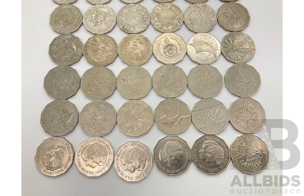 Collection of Australian Commemorative Fifty Cent Coins Including 2016 Fifty Years Decimal Currency, 1981 Charles Diana(5) 2004 Wildlife(3) 2019 Indigenous Language(4) 1977 Silver Jubilee(3) ......